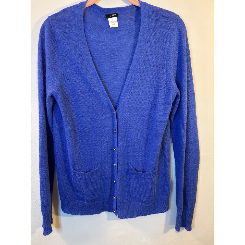 VTG J Crew Cobalt Blue Alpaca Wool V Neck Cardigan Sweater L Metal Buttons